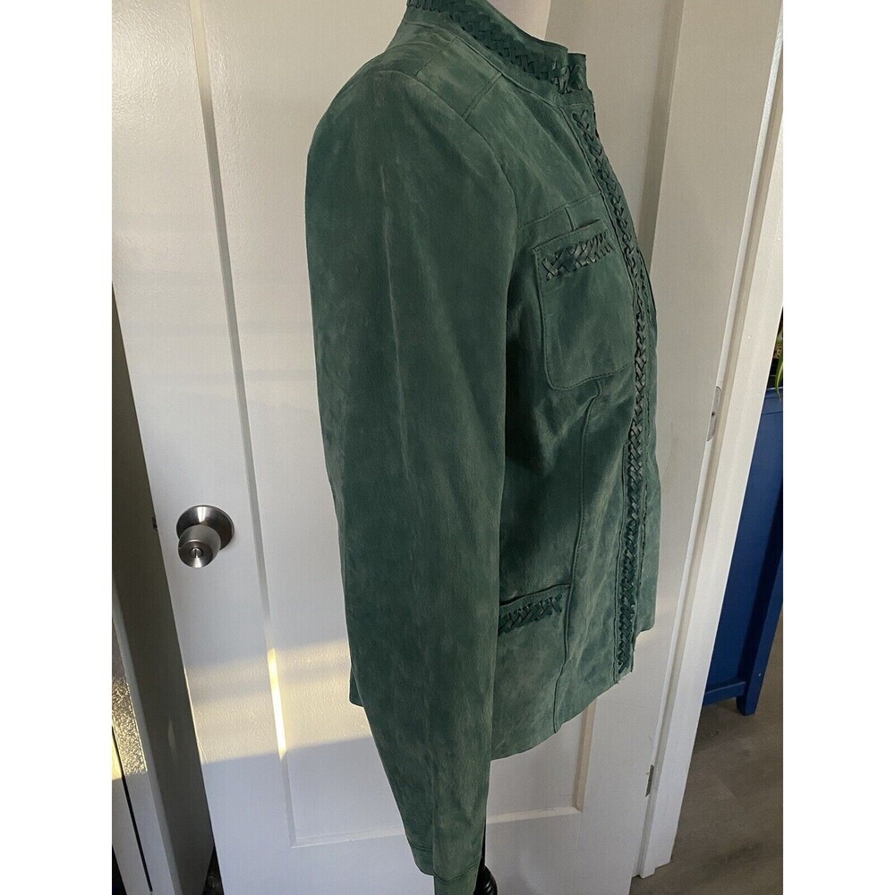 Women's Green Suede Jacket with Woven Trim - Picture 4 of 11